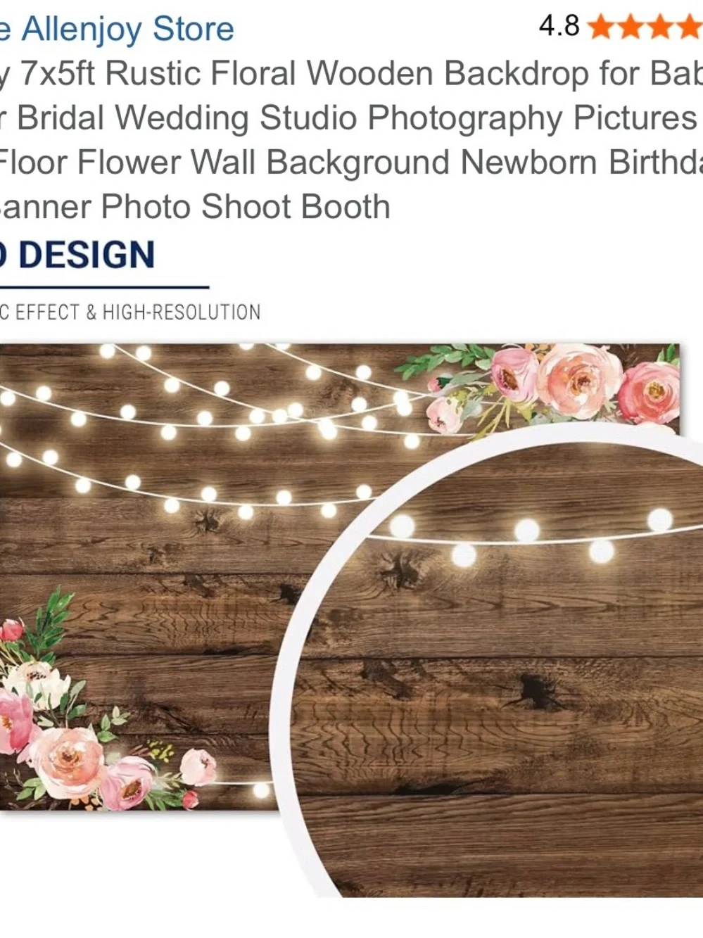 7x5 Rustic Floral Pink Wooden Backdrop with String Lights -